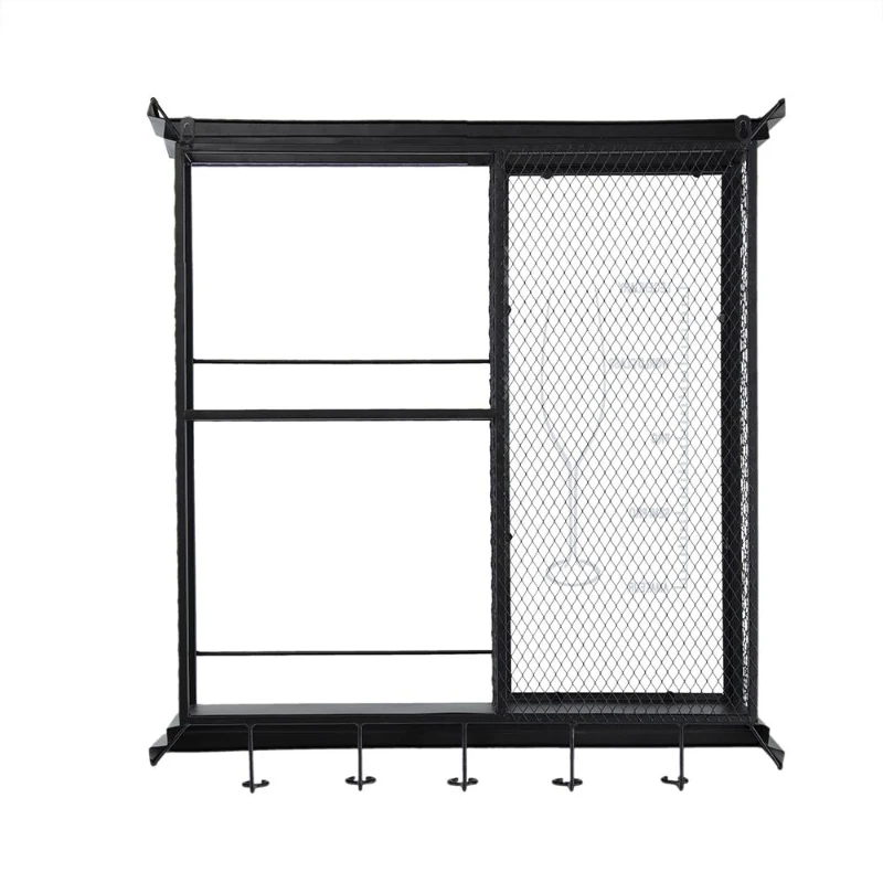 Floating Wine Bar Shelf with Glass Holder and Display Shelves, Iron Construction, Two-Tiered Storage, 26" L x 5" W x 28.5" H, Black