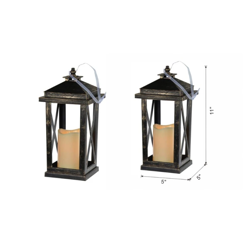 Set of 2 Menifee Lanterns with LED Candle, Lightweight Plastic Construction, Battery Operated, 5" L x 5" W x 11" H, Antique Black