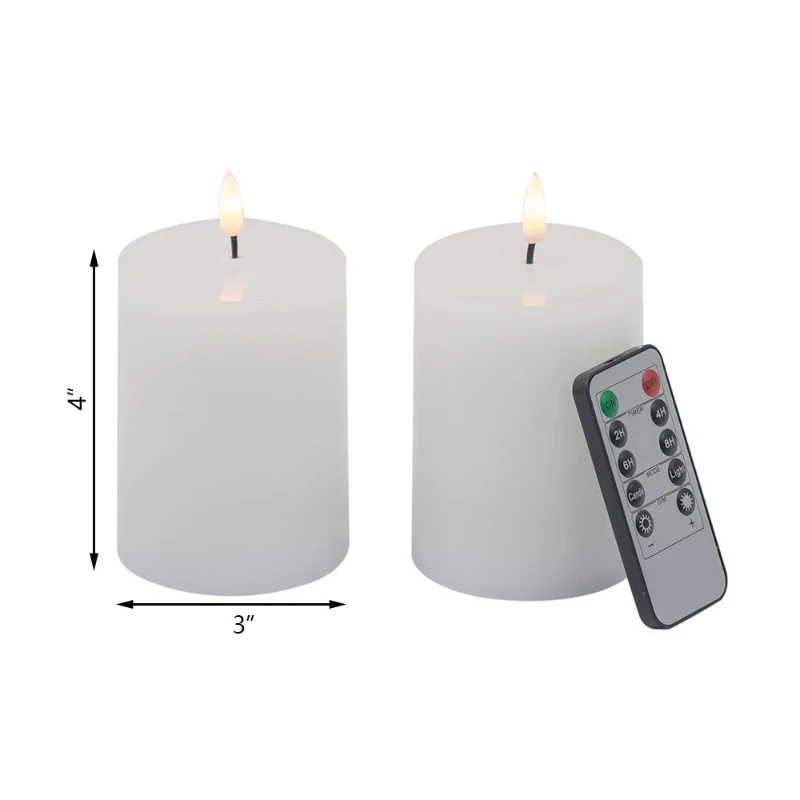 Set of 2 LED Candles with Wick and Remote Control Timer, 3" L x 3" W x 4" H, White