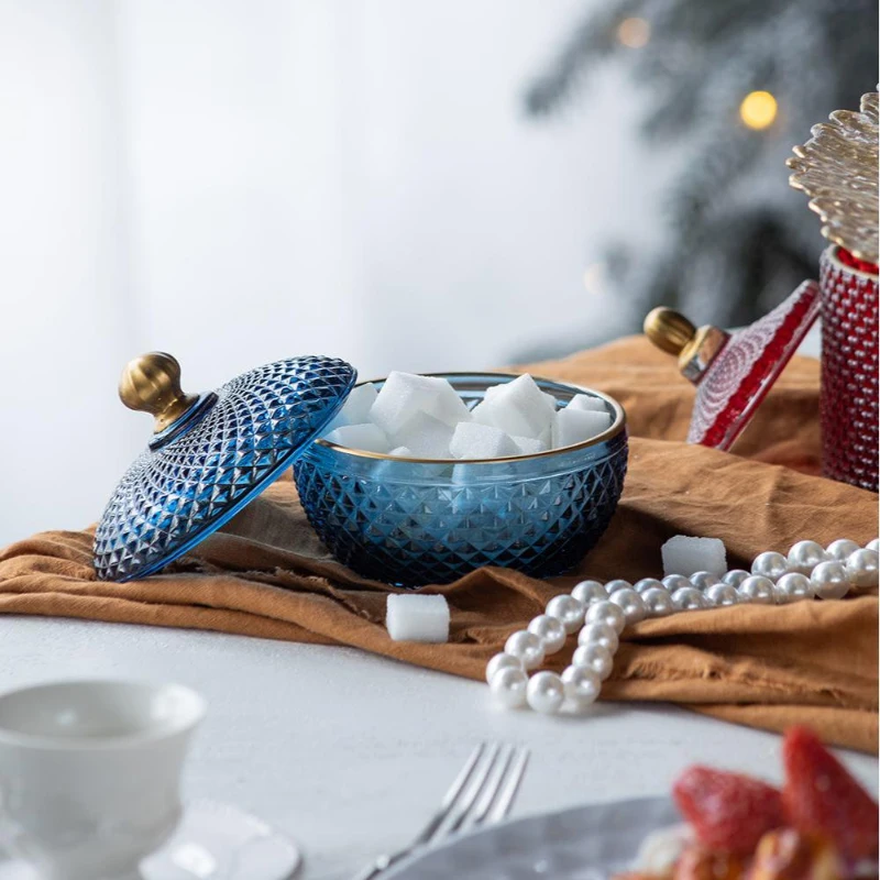 Set of 2 Vintage-Inspired Glass Candy Jars with Lids, Diamond-Cut Texture, Ideal for Candy, Jewelry, and Trinkets, 5" L x 5" W x 5" H, Blue+Gold