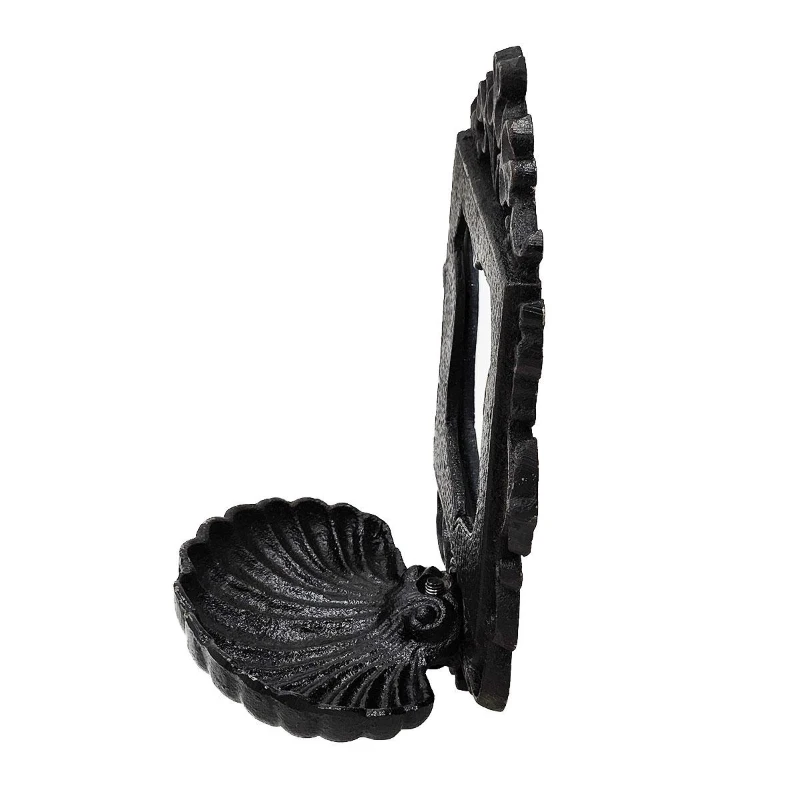 Victorian-Inspired Cast Iron Soap Dish with Mirror, Ornate Design, Calloped Edges, 6.5" L x 4" W x 8" H, Black