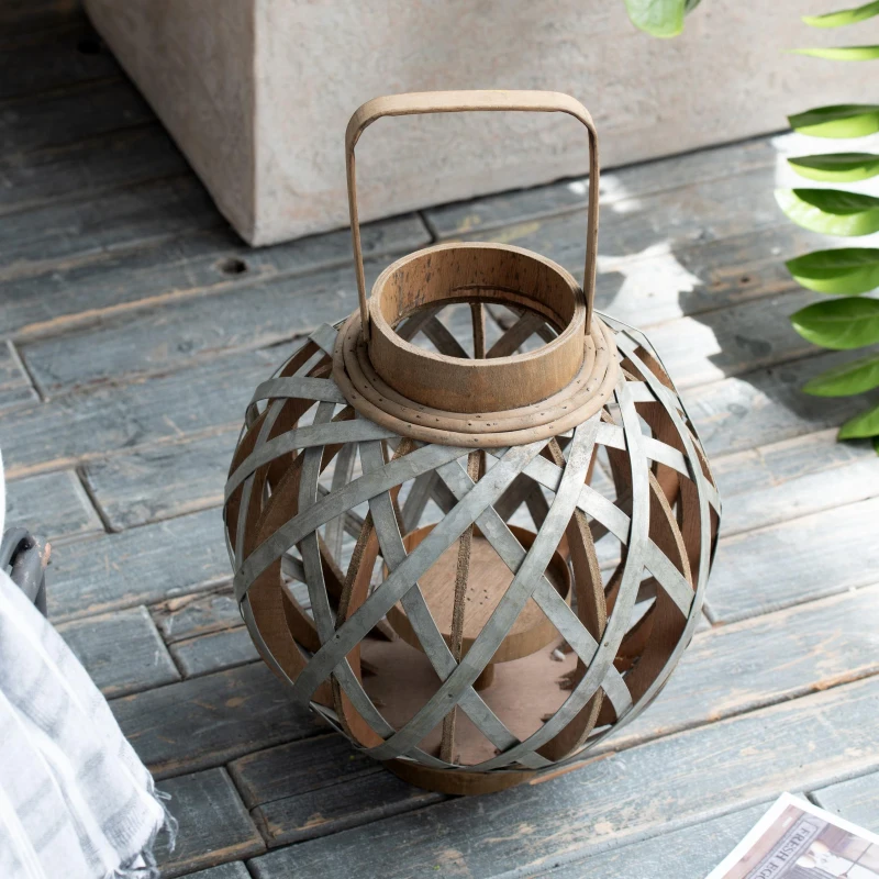 Iron-Caged Design Lantern with Handle, for Indoor/Outdoor Use, 11.5" Diameter, Silver