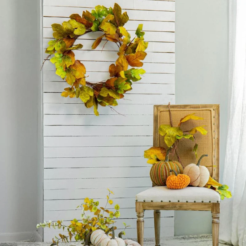 33" Maple Leaf Wreath for Harvest and Thanksgiving, Velvet Leaves Fall Decoration, Green+Mustard