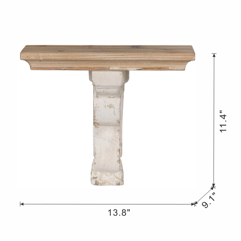 Distressed Wooden Wall Shelf with Corbel Design, Decorative Storage for Home, 14" L x 9" W x 11.5" H, Brown+Antique White