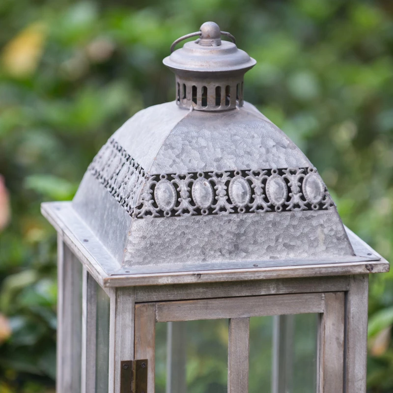 Set of 2 Decorative Hurricane Lantern Holder with Wood and Glass Construction, Candle Lantern Set for Home Garden Wedding Decor, Gray