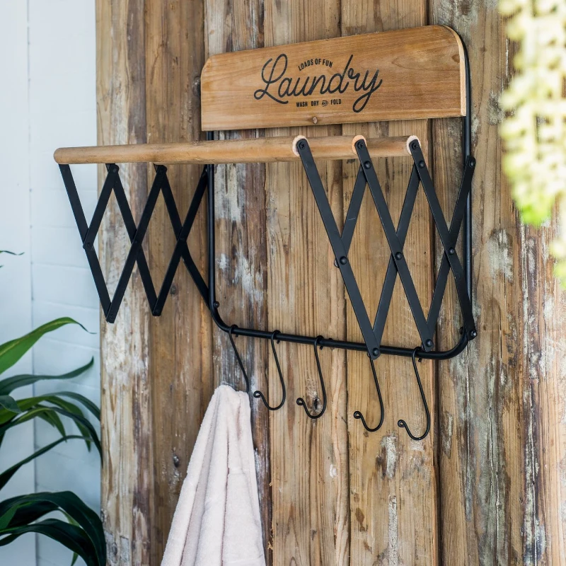 Vintage Farmhouse Charm Wall-Mounted Laundry Rack with Accordion Design, 3 Wooden Bars, 5 Hooks, for Towels and Delicates, Black Brown