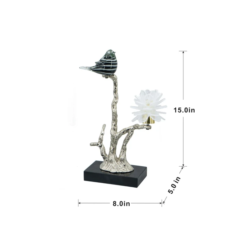 Aluminum Candle Holder with Marble Stand, Nature-Inspired Bird Figurine on Silver Branch, 8" L x 5" W x 15" H, Multicolor