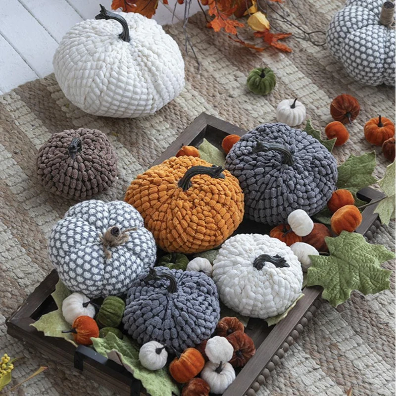 Set of 4 Farmhouse-Inspired Knitted Pumpkin Ornaments, Fall and Thanksgiving Decor, 6" L x 6" W x 5" H, Gray