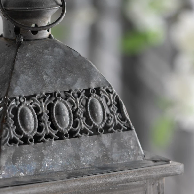 Set of 2 Decorative Hurricane Lantern Holder with Wood and Glass Construction, Candle Lantern Set for Home Garden Wedding Decor, Gray