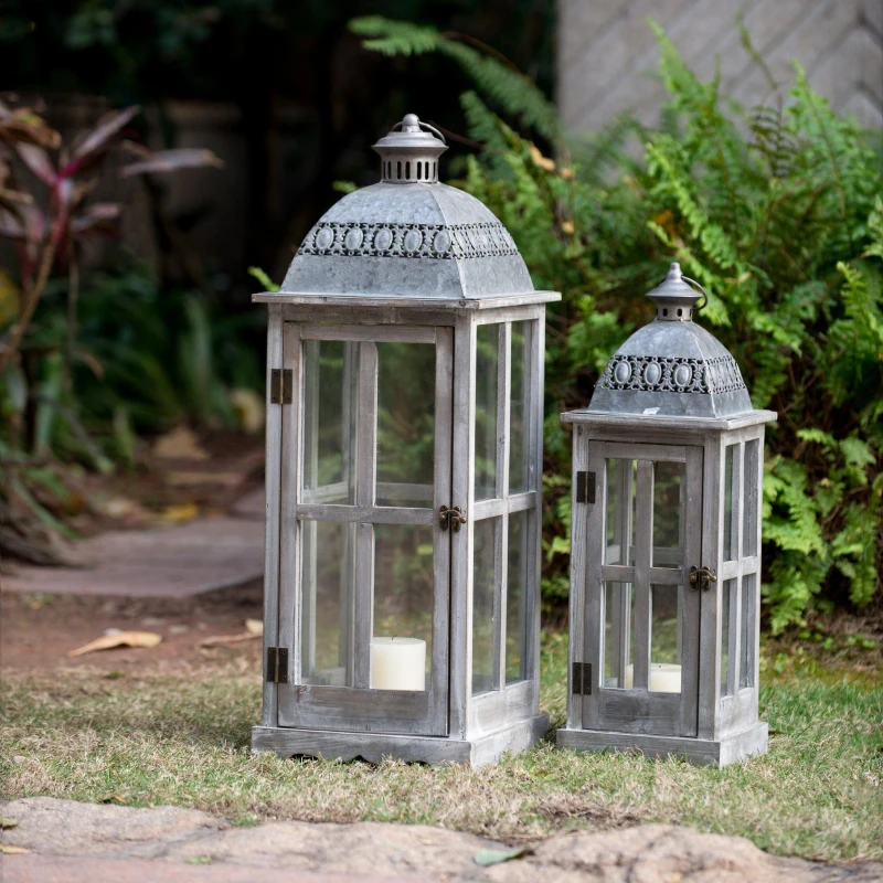 Set of 2 Decorative Hurricane Lantern Holder with Wood and Glass Construction, Candle Lantern Set for Home Garden Wedding Decor, Gray