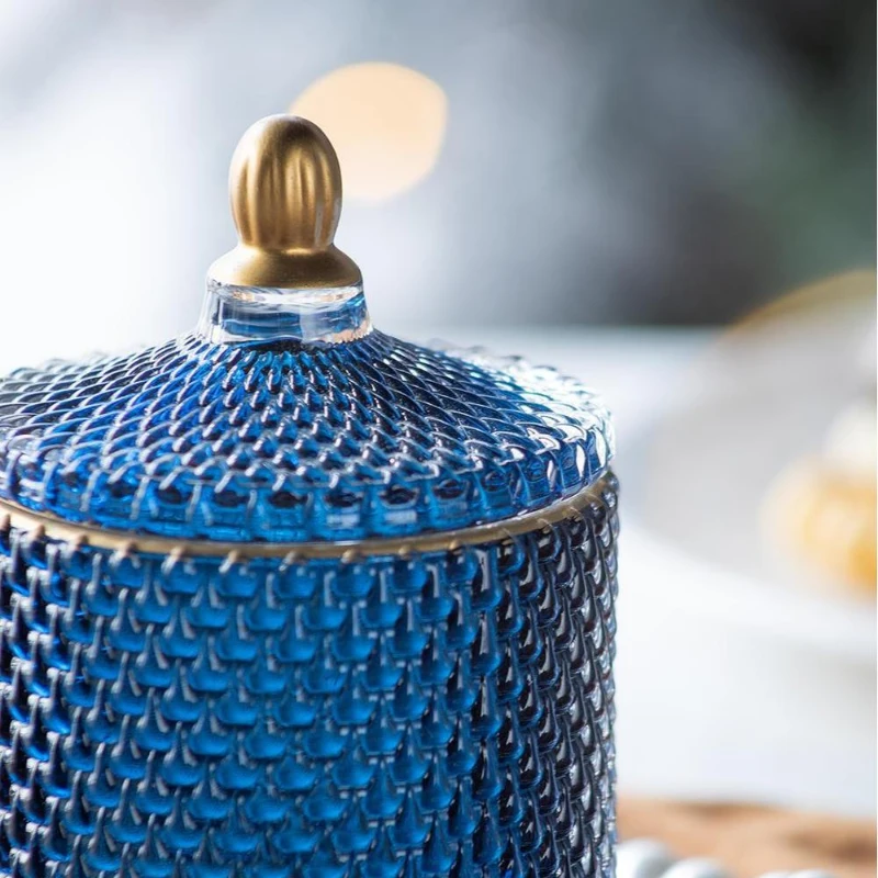 Set of 2 Vintage-Inspired Design Glass Candy Jars with Lids, Ideal for Candy, Jewelry, and Trinkets, 3.5" L x 3.5" W x 6" H Each, Blue+Gold