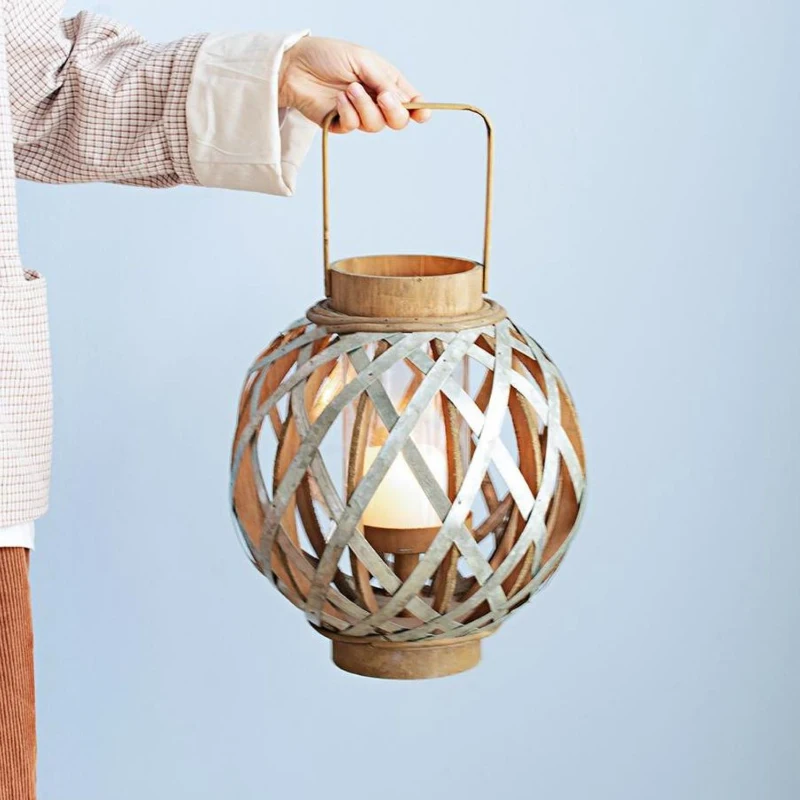 Iron-Caged Design Lantern with Handle, for Indoor/Outdoor Use, 11.5" Diameter, Silver