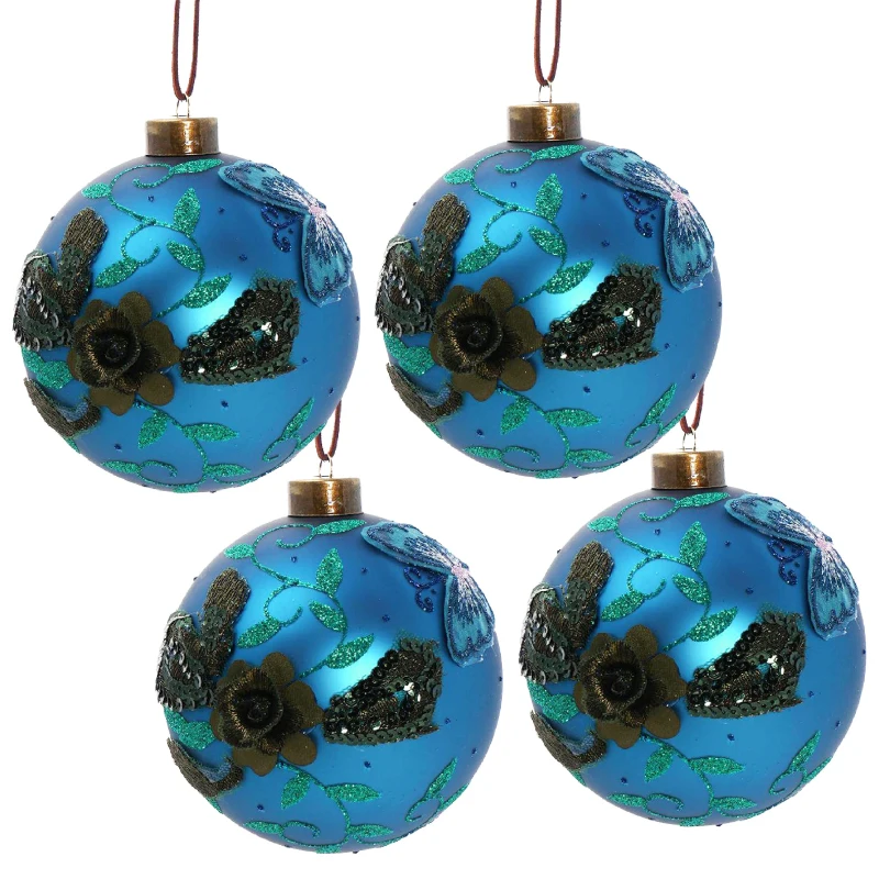 Set of 4 Glass Decorative Hanging Balls for Holiday Party Decorations, Christmas Ball Ornaments, 5" Diameter, Blue