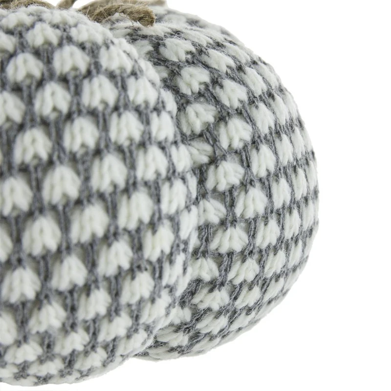 Set of 2 Knitted Pumpkin Ornaments with Farmhouse-Inspired Design, Fall and Thanksgiving Decor, 8" L x 8" W x 6.5" H, White+Gray