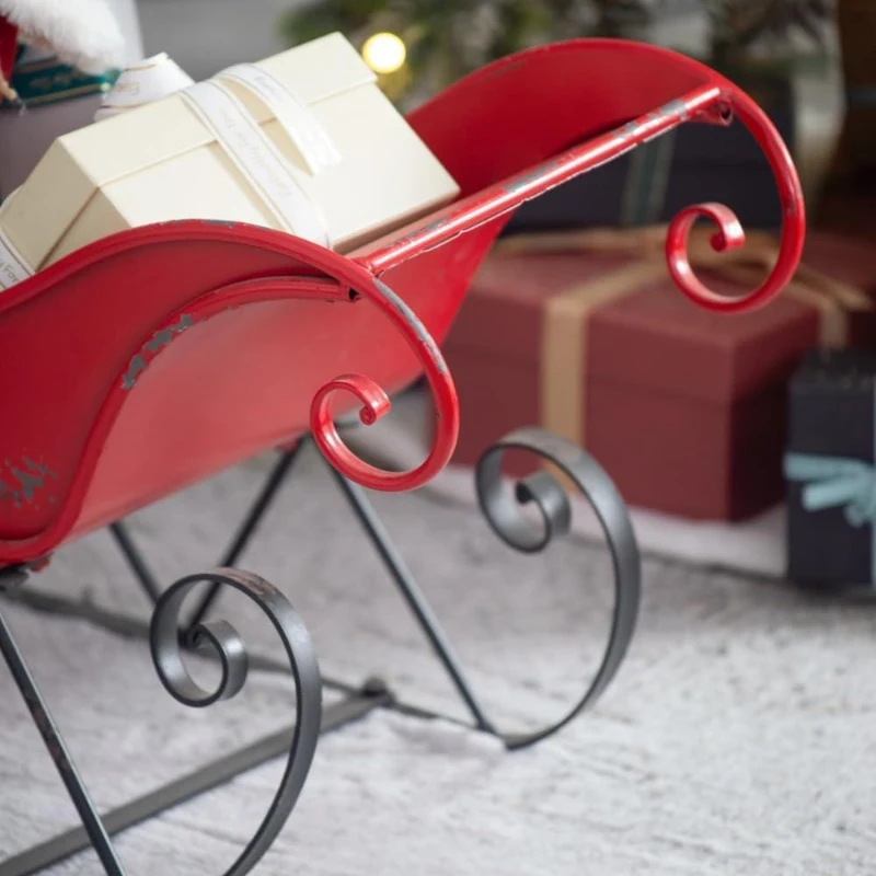 Distressed Iron Santa Sleigh Holiday Decoration, Christmas Sleigh Figurine, 39" L x 18" W x 22" H, Black+Red