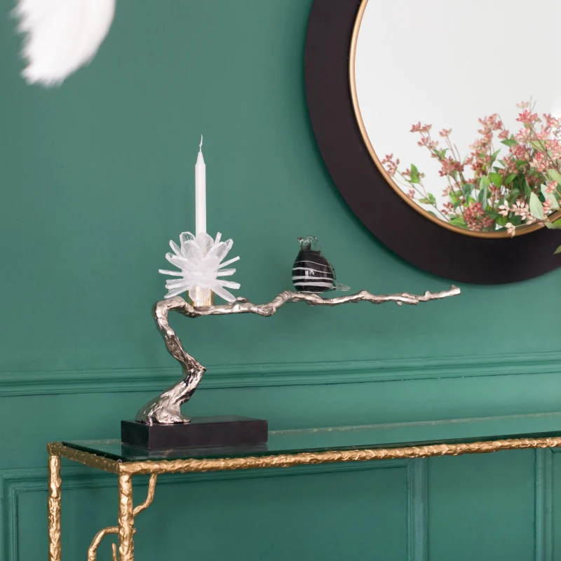 Aluminum Candle Holder with Marble Stand, Nature-Inspired Design, 24.5" L x 5" W x 10" H, Multicolor