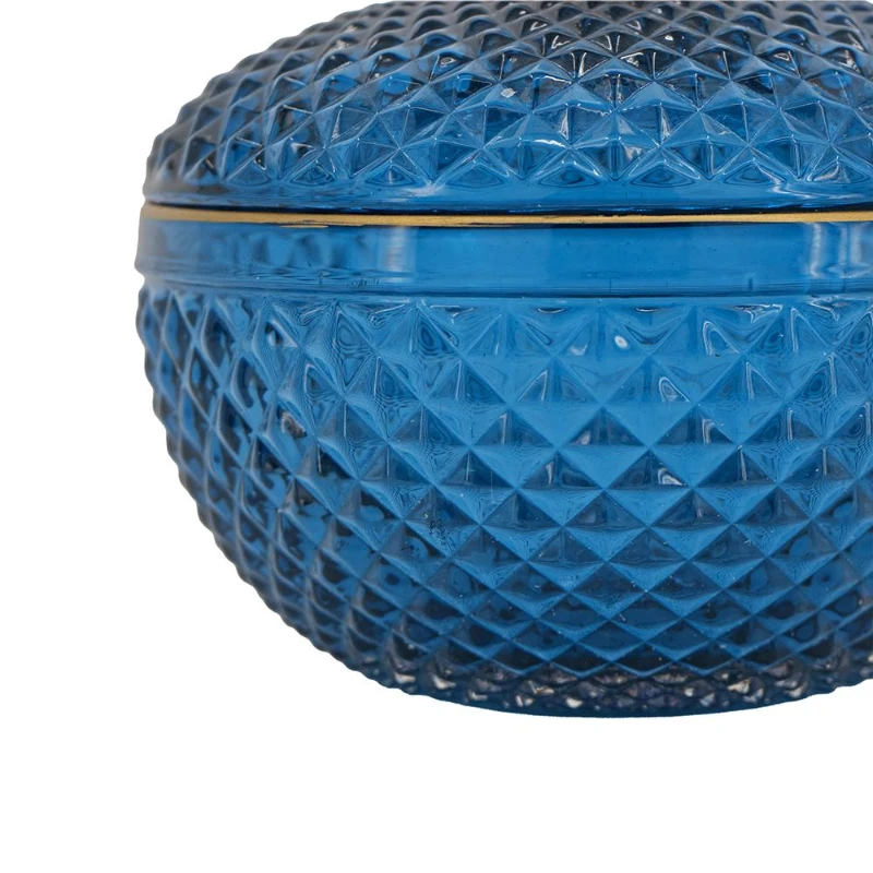 Set of 2 Vintage-Inspired Glass Candy Jars with Lids, Diamond-Cut Texture, Ideal for Candy, Jewelry, and Trinkets, 5" L x 5" W x 5" H, Blue+Gold