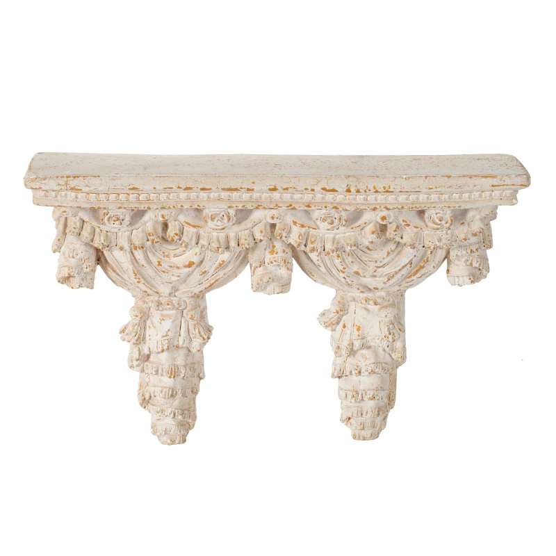 Antique Wall Shelf with Lavish Design and Aged Finish, Elegant Display for a luxurious master bathroom, 20.5" L x 5.5" W x 13" H, White