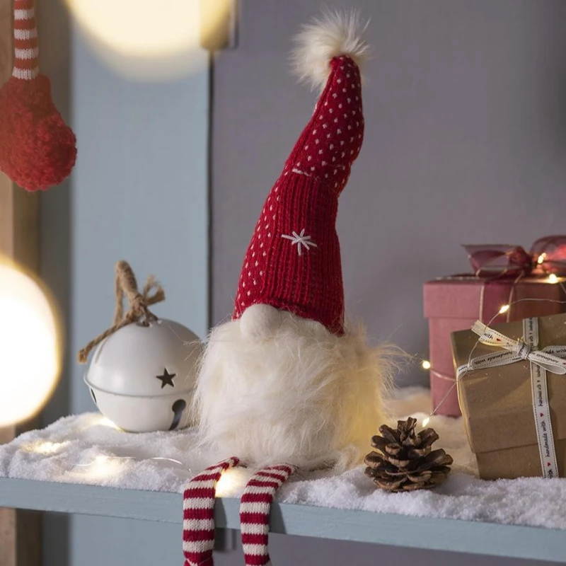 2 Piece Christmas Gnomes Decorations with Fluffy Beards and Striped Legs, Festive Table Ornaments, 4.5" L x 4.5" W x 20" H, White+Red