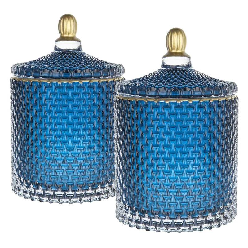 Set of 2 Vintage-Inspired Design Glass Candy Jars with Lids, Ideal for Candy, Jewelry, and Trinkets, 3.5" L x 3.5" W x 6" H Each, Blue+Gold