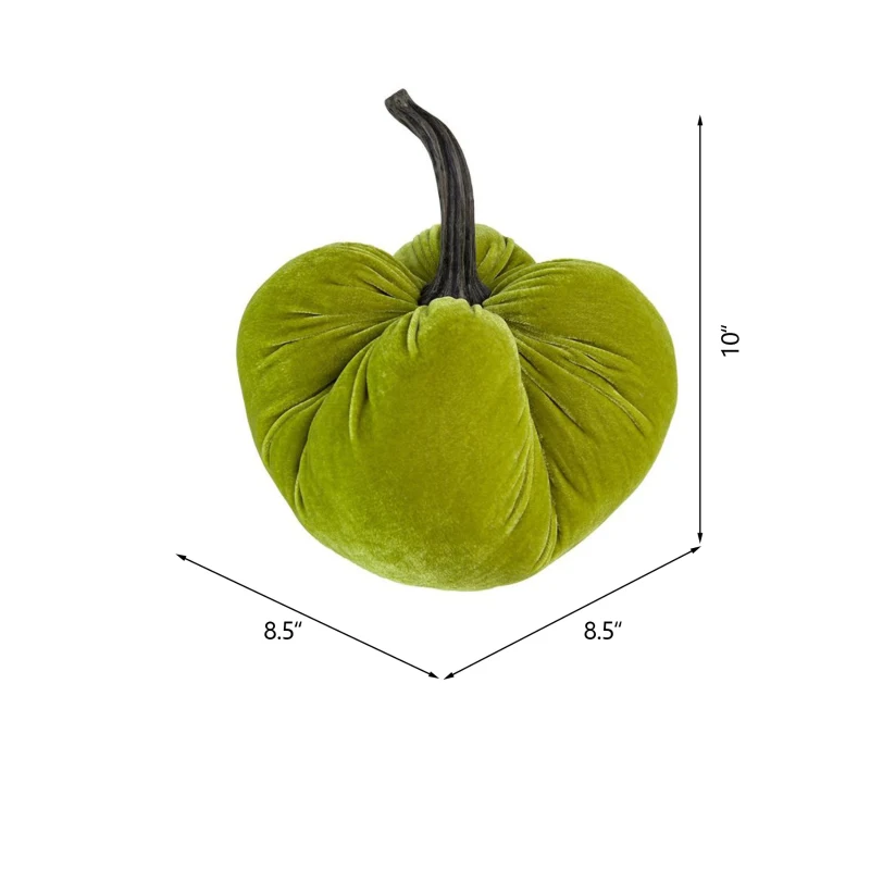 Set of 2 Velvet Weighted Pumpkin Ornaments with Resin Stem, for Holiday Harvest and Thanksgiving Decor, 8.5" L x 8.5" W x 10" H, Green