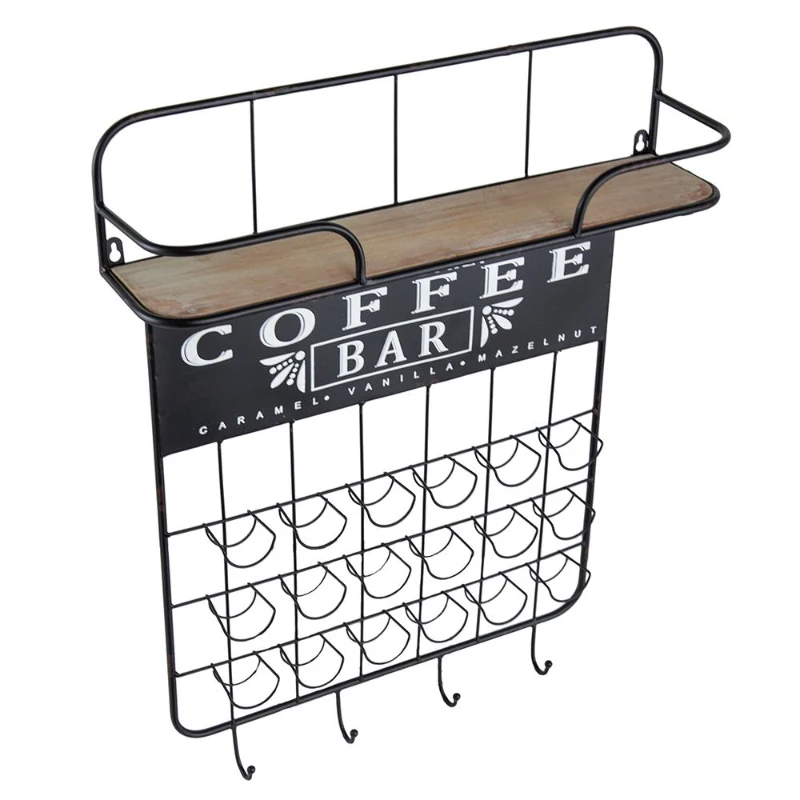 Floating Coffee Bar Shelf with Coffee Pod Holder, Hooks, and Storage Shelf, 23" L x 5.5" W x 29" H, Black