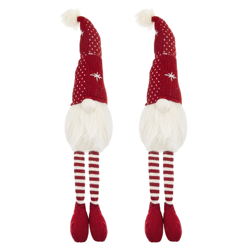 2 Piece Christmas Gnomes Decorations with Fluffy Beards and Striped Legs, Festive Table Ornaments, 4.5" L x 4.5" W x 20" H, White+Red
