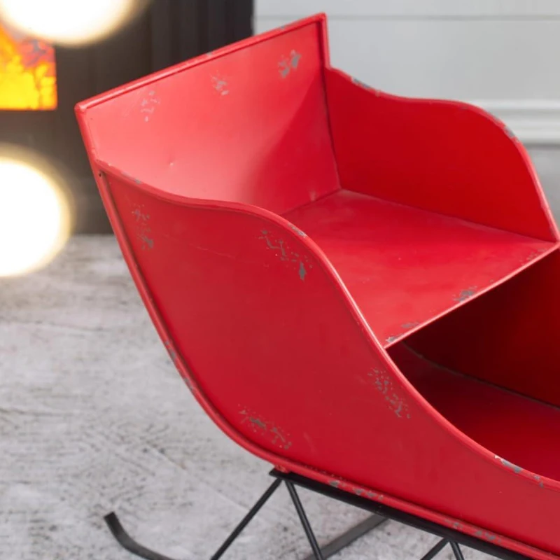 Distressed Iron Santa Sleigh Holiday Decoration, Christmas Sleigh Figurine, 39" L x 18" W x 22" H, Black+Red