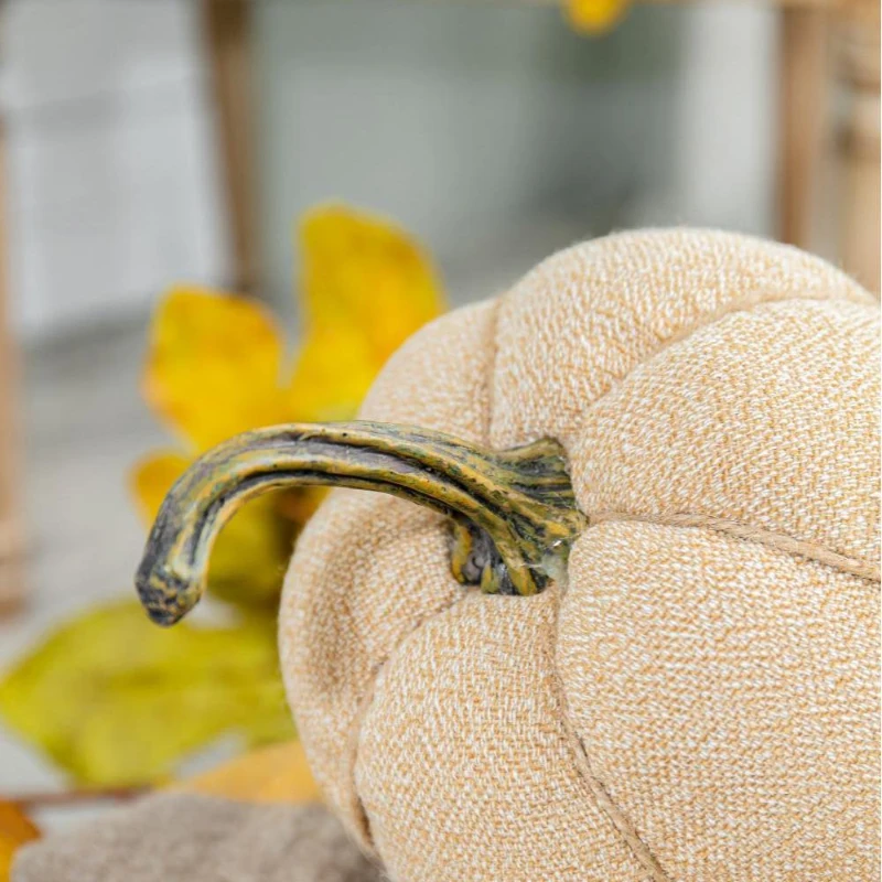 Set of 2 Fabric Weighted Pumpkin Ornaments, for Holiday Harvest, Fall Festival, and Thanksgiving Decor, 7" L x 7" W x 8" H, Beige