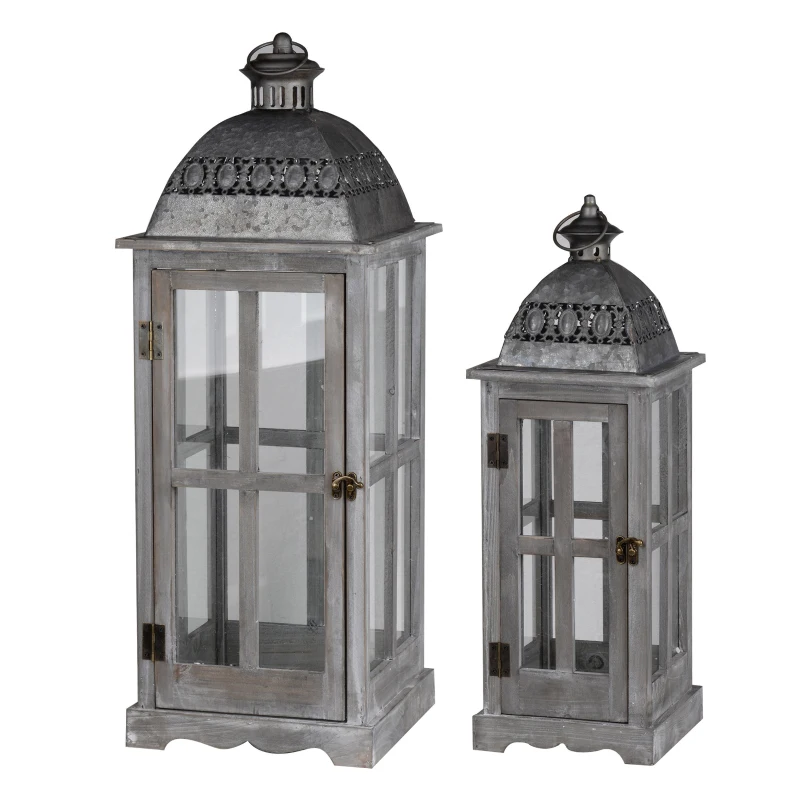 Set of 2 Decorative Hurricane Lantern Holder with Wood and Glass Construction, Candle Lantern Set for Home Garden Wedding Decor, Gray
