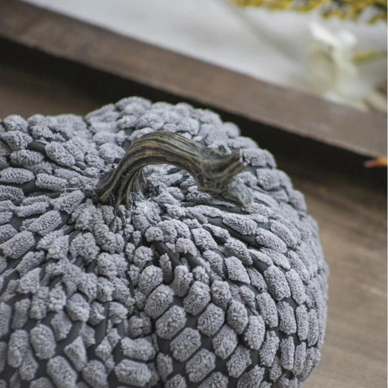 Set of 2 Chenille Weighted Pumpkin Table Ornaments, Fall Festival and Thanksgiving Decor, 6.5" L x 6.5" W x 6" H, Gray