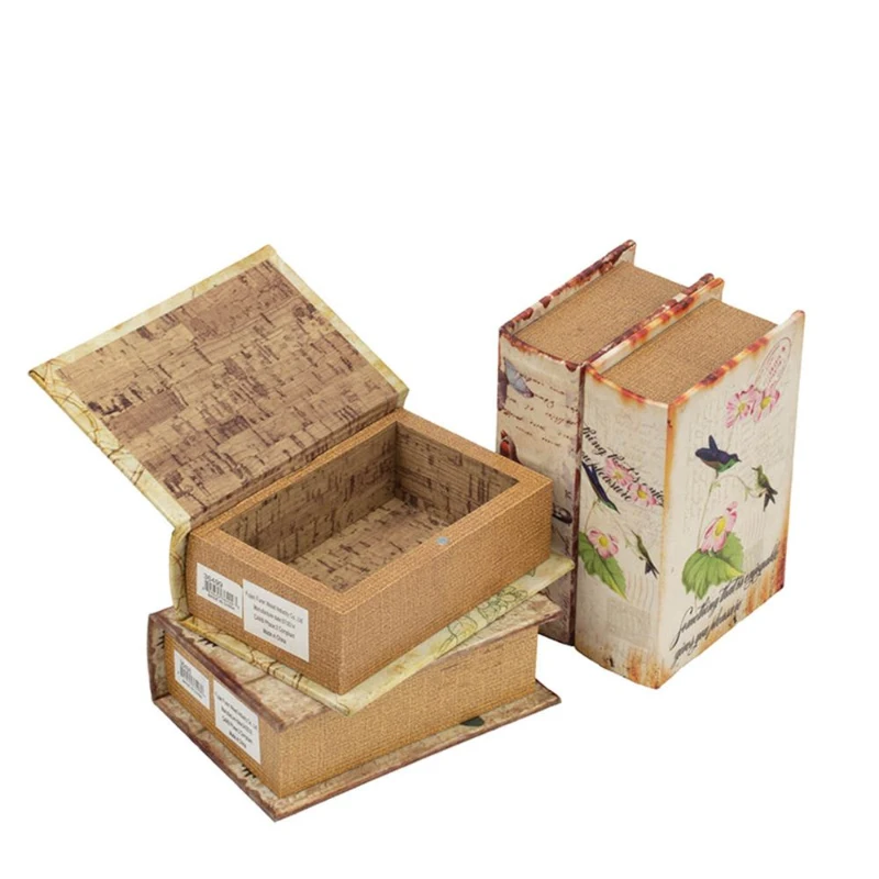 Set of 4 Decorative Book Boxes with Birds, Flowers, and Handwriting Design, 4" L x 2" W x 5.5" H, Multicolor