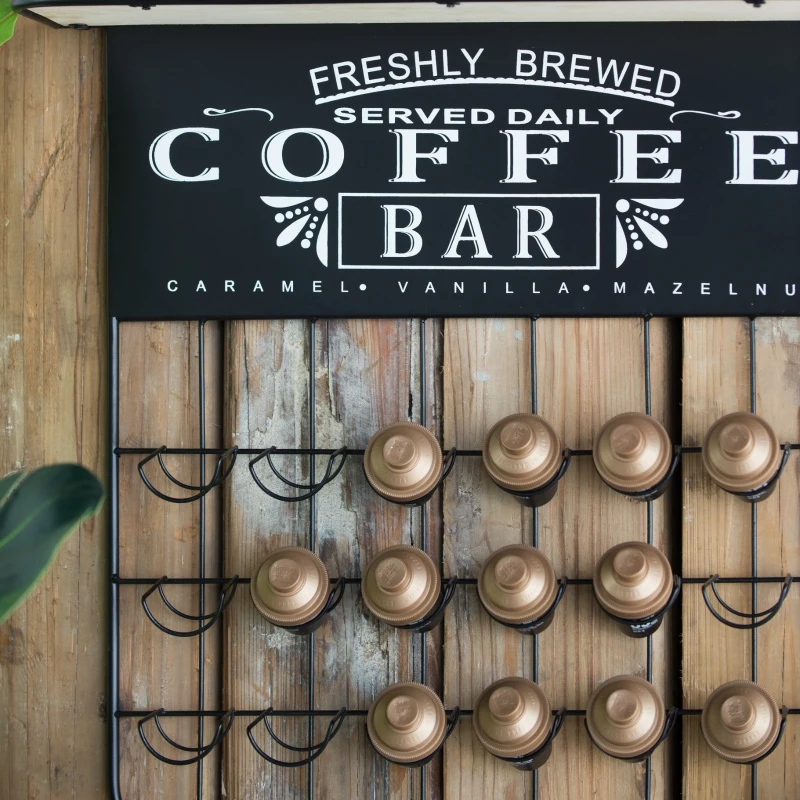 Floating Coffee Bar Shelf with Coffee Pod Holder, Hooks, and Storage Shelf, 23" L x 5.5" W x 29" H, Black