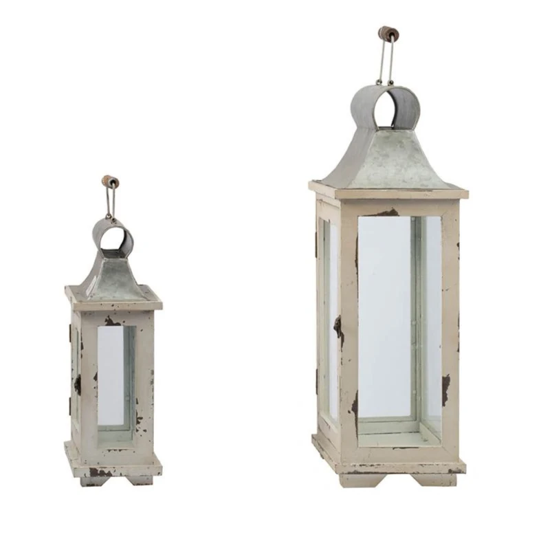Set of 2 Decorative Hurricane Lantern Holder with Wood and Glass Construction, Candle Lantern Set for Home Garden Wedding Decor, White