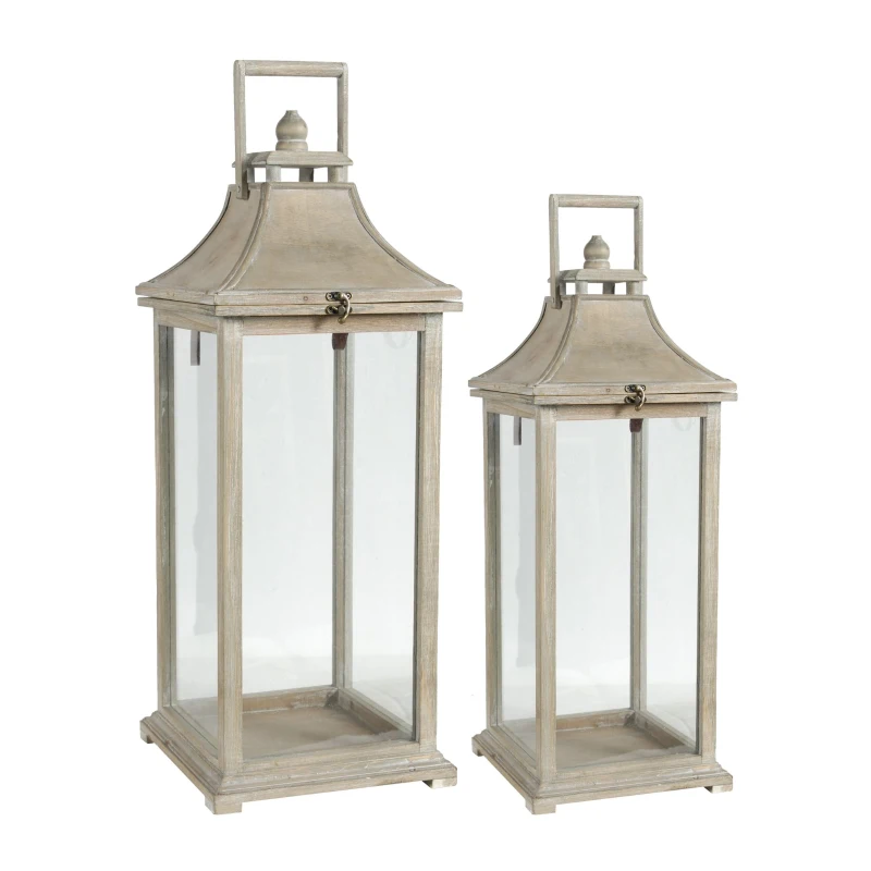 2 Wood and Glass Lantern Set with Elegant Design, Ideal for Home, Garden, or Wedding decor, Ivory