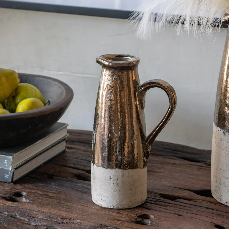 Ceramic Pitcher with Two-Toned Metallic Glaze, Ideal Decor for Vintage or Rustic, 7" L x 4.5" W x 11" H, Brown
