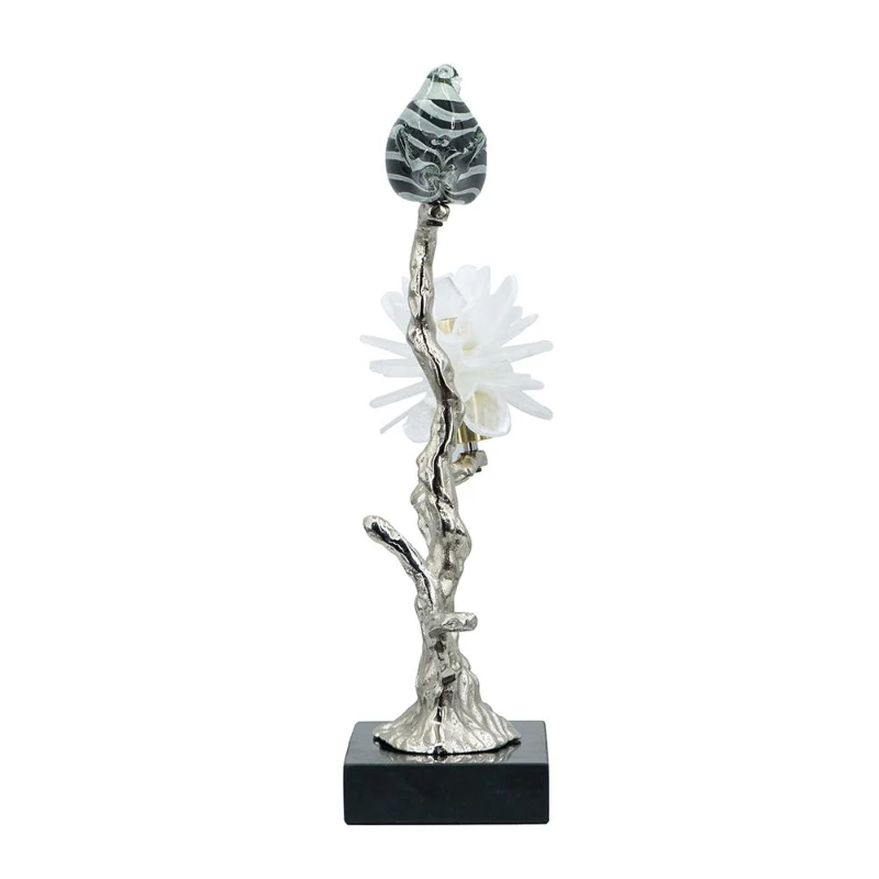 Aluminum Candle Holder with Marble Stand, Nature-Inspired Bird Figurine on Silver Branch, 8" L x 5" W x 15" H, Multicolor