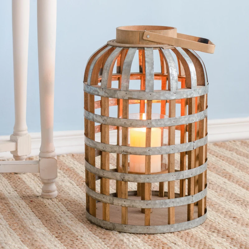 Versatile Decorative Wooden Lantern with Handle, Home Garden Wedding Accent, 11.5" L x 11.5" W x 22.5" H, Silver