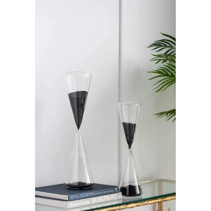 120-Minute Triangular Hourglass with Black Sand and Crystal Stand, Decorative Glass Timer, 4.5" L x 4.5" W x 19.5" H, Black