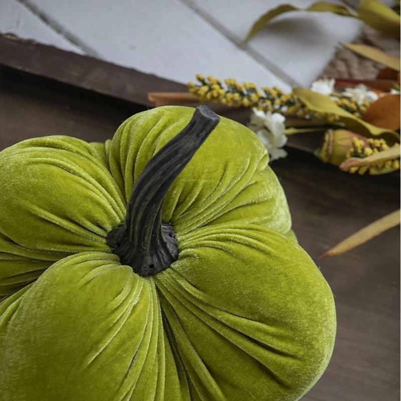 Set of 2 Velvet Weighted Pumpkin Ornaments with Resin Stem, for Holiday Harvest and Thanksgiving Decor, 8.5" L x 8.5" W x 10" H, Green