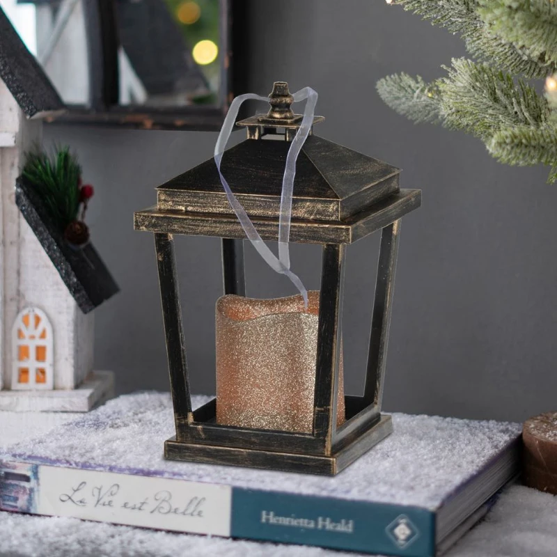 Set of 2 Menifee Lanterns with LED Candle, Glass-Paneled Hurricane Lamp, 5" L x 5" W x 8.5" H, Bronze