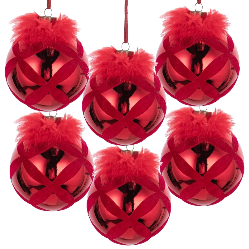 Set of 6 Decorative Glass Christmas Tree Hanging Ball Ornaments, Decorations for Holiday Party, D4", Red