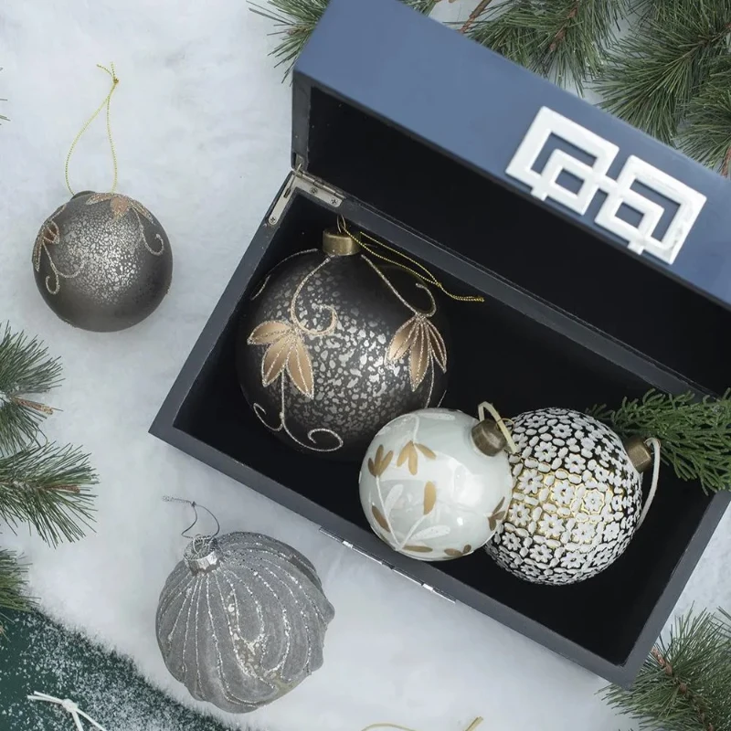 Set of 6 Glass Christmas Ball Ornaments, Decorative Hanging Holiday Tree Decorations, D4" Each, Silver