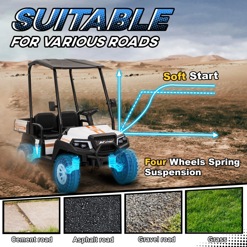 Qaba 24V 2 Seater Electric Car for Kids w/ Remote Control, 4 Wheels Spring Suspension, Soft Start, Storage, Sunshade, White