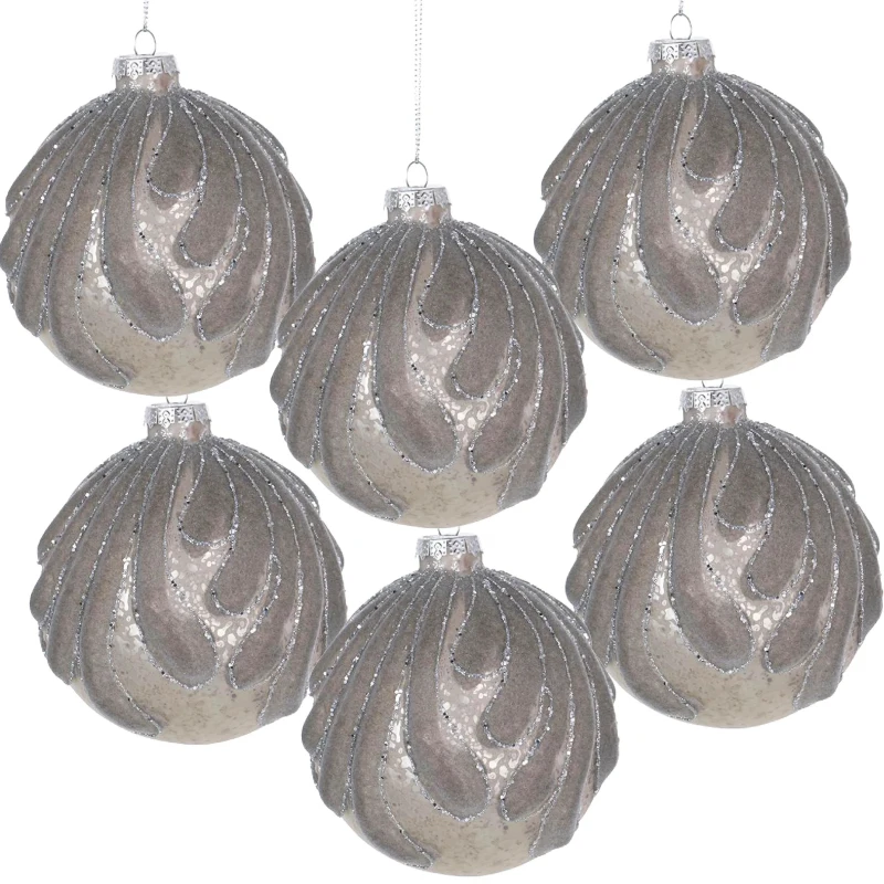Set of 6 Glass Christmas Ball Ornaments, Decorative Hanging Holiday Tree Decorations, D4" Each, Silver