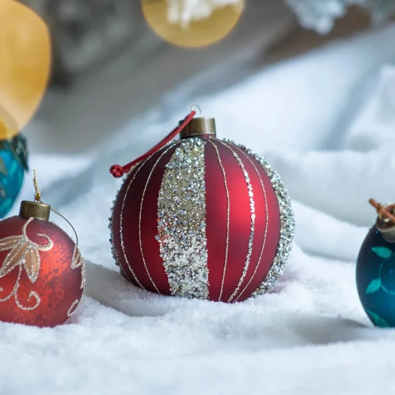 Set of 4 Glass Decorative Hanging Balls for Holiday Party Decorations, Christmas Ball Ornaments, D5", Red