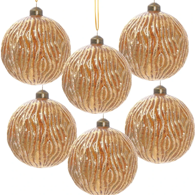 Set of 6 Decorative Hanging Tree Ornaments for Holiday Party Decorations, Glass Christmas Ball Ornaments, D4", Gold