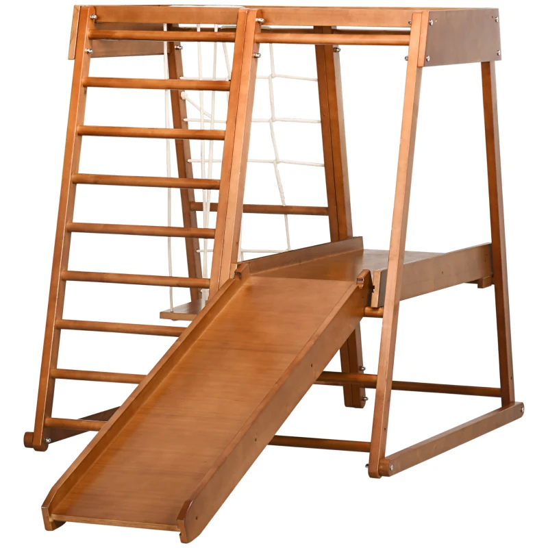 Qaba 6-in-1 Indoor Jungle Gym Playground with Slide, Climbing Wall, Rope Climber, Monkey Bars, Swing, Toddler Climbing Toys for 3-10 Years Old, Wood