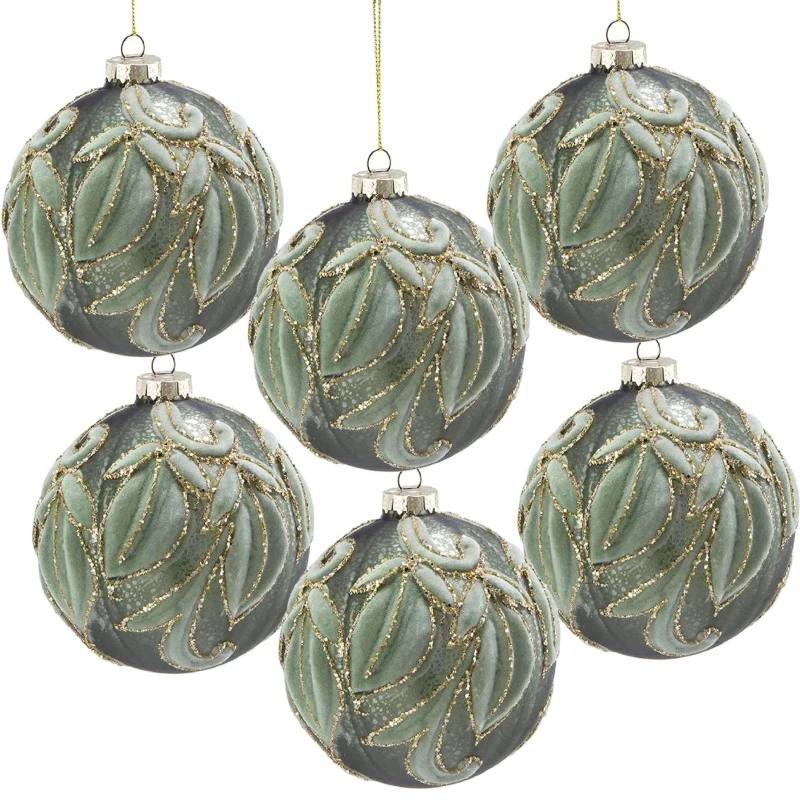 Set of 6 Glass Hanging Baubles for Holiday Party Decorations, Christmas Ball Ornaments, D4", Green