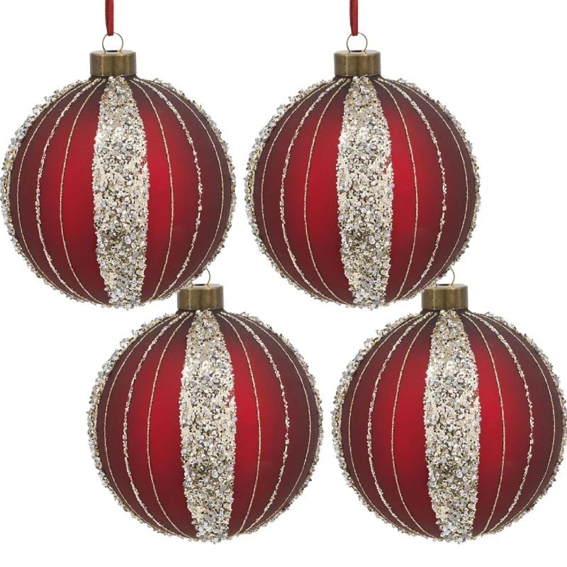 Set of 4 Glass Decorative Hanging Balls for Holiday Party Decorations, Christmas Ball Ornaments, D5", Red
